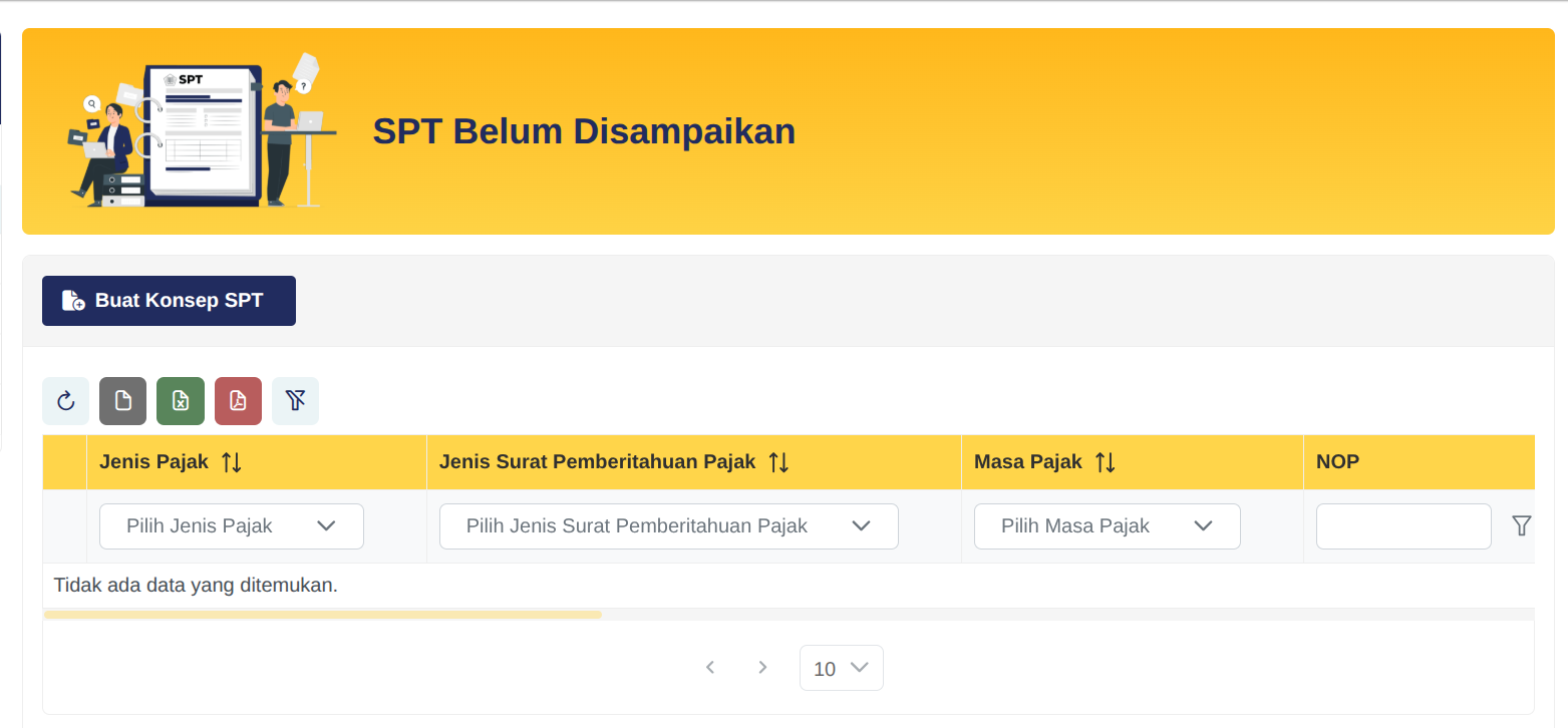 Akses menu Surat Pemberitahuan (SPT) > Surat Pemberitahuan (SPT) > Buat Konsep SPT.