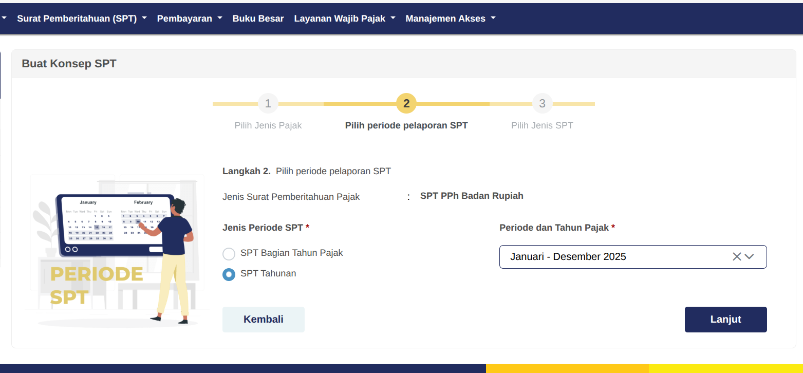 Tentukan periode dan tahun pajak yang akan dilaporkan, serta pilih "model SPT normal".