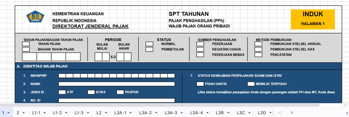 Template formulir SPT Tahunan PPh untuk Wajib Pajak Orang Pribadi